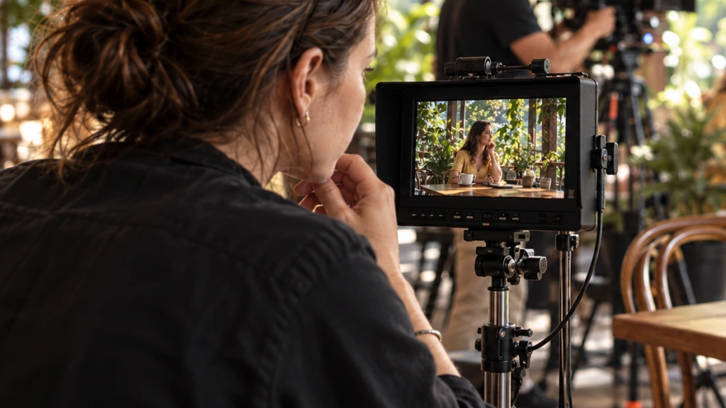 Agency producer reviewing a shot on set during an advertising production shoot
